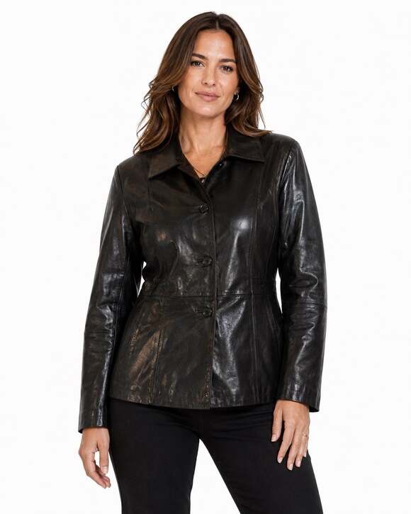 Venezia Jackets & Blazers - Venezia Black Leather Button-Front Jacket